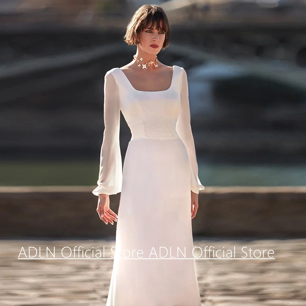 Beach Wedding Dress Customized Square Neck Illusion Back Buttons Puff Sleeves Applique Chiffon Korea Bridal Gown Sweep Train
