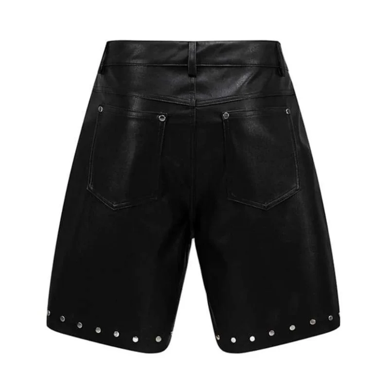 Men Punk Rivet PU Leather Knee Length Shorts Hip Hop Rock Streetwear Loose Straight Black Faux Leather Shorts With Pockets