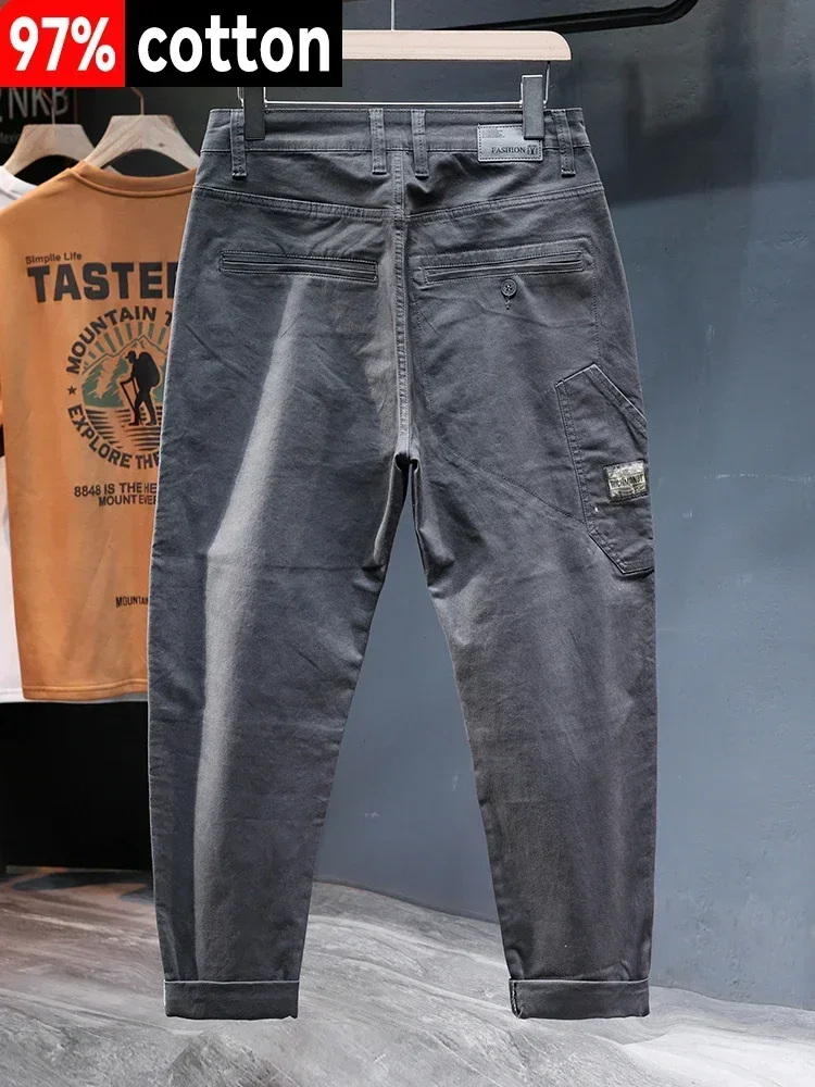 Autumn Men's 97% Cotton Cargo Pants Loose Tapered Splicing Casual Trousers High Quality Retro American Joggers Harem Pants