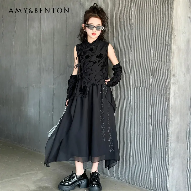 

Big Girls High Heavy New Chinese Style Dress Summer 2026 New Ancient Tang Black Lace Embroidery Kids Elegant Hanfu Tulle Dress