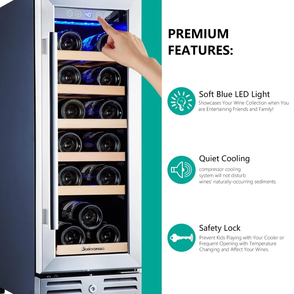 12 inch Wine Cooler Refrigerator, Built-in or Freestanding Wine Fridge, with Stainless Steel & Double-Layer Tempered Glass Door