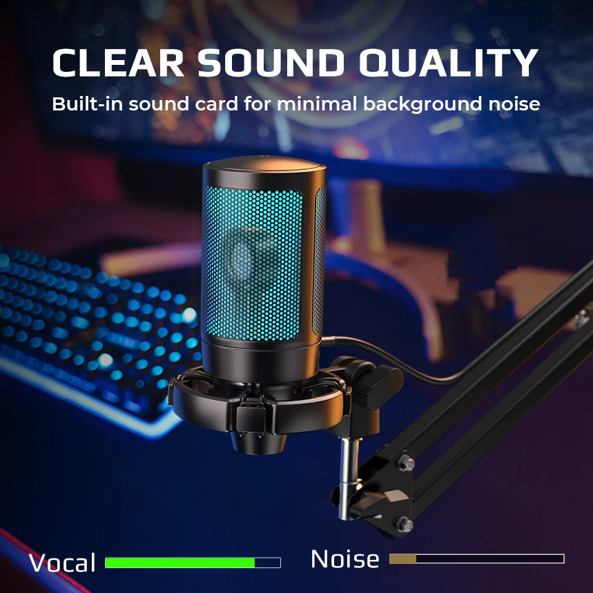 AmpliGame Gaming Microphone Kit with Mute for mobile,USB RGB Condenser Mic Set with Arm Boom for PC,Laptop,PS5,Streaming -A2T