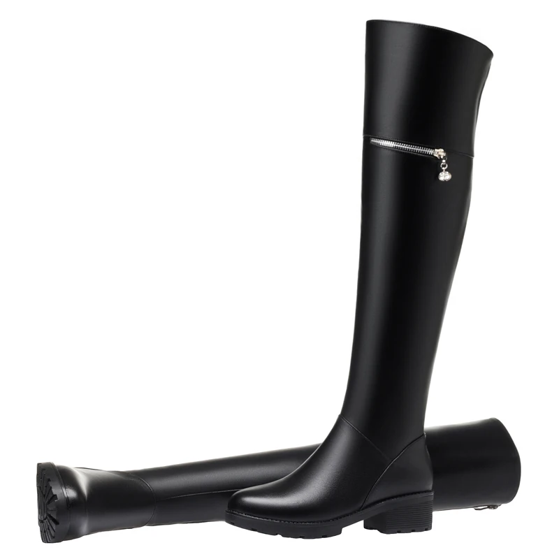 

Women's Over Knee Boots Winter Fashion Middle Heel Fur Long Boots Women Genuine Leather Rider Boots Ladies