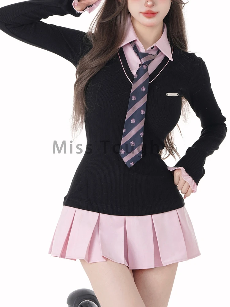 Winter Mini Black Pink Preppy Style Sweet Dress Women Long Sleeve Tie Fake Two Piece Dresses Japanese Y2k Harajuku Dress New