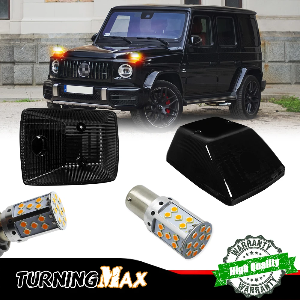 Black Covers w/ PY21W BAU15S Canbus Amber LED Bulbs For 1986-2018 Mercedes Benz W463 G-Class G500 G550 G55 G63 Turn Signal Light