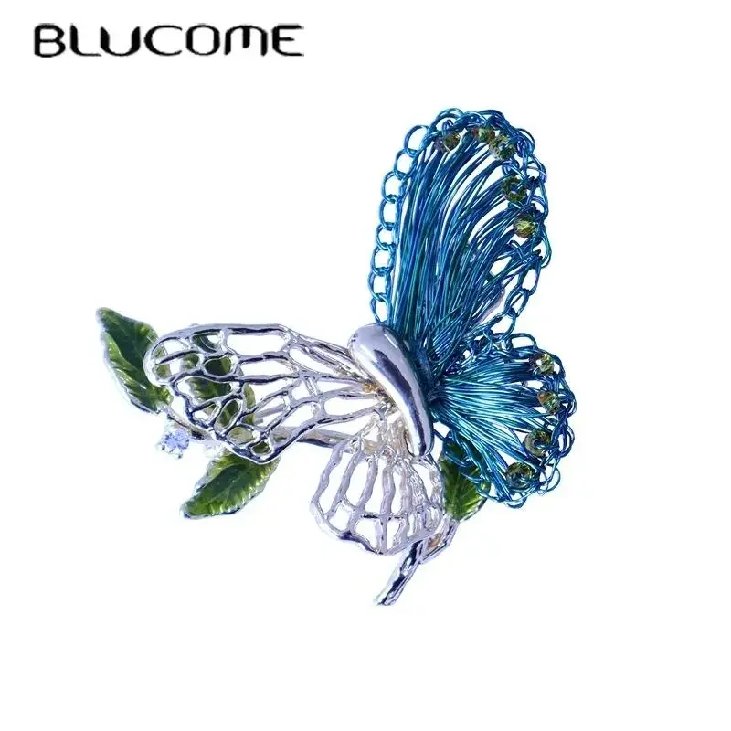 Blucome Delicate Hollowed Out Butterfly Copper Brooch Hand Woven Fashion Cardigan for Women Men Coat Hijab Pins