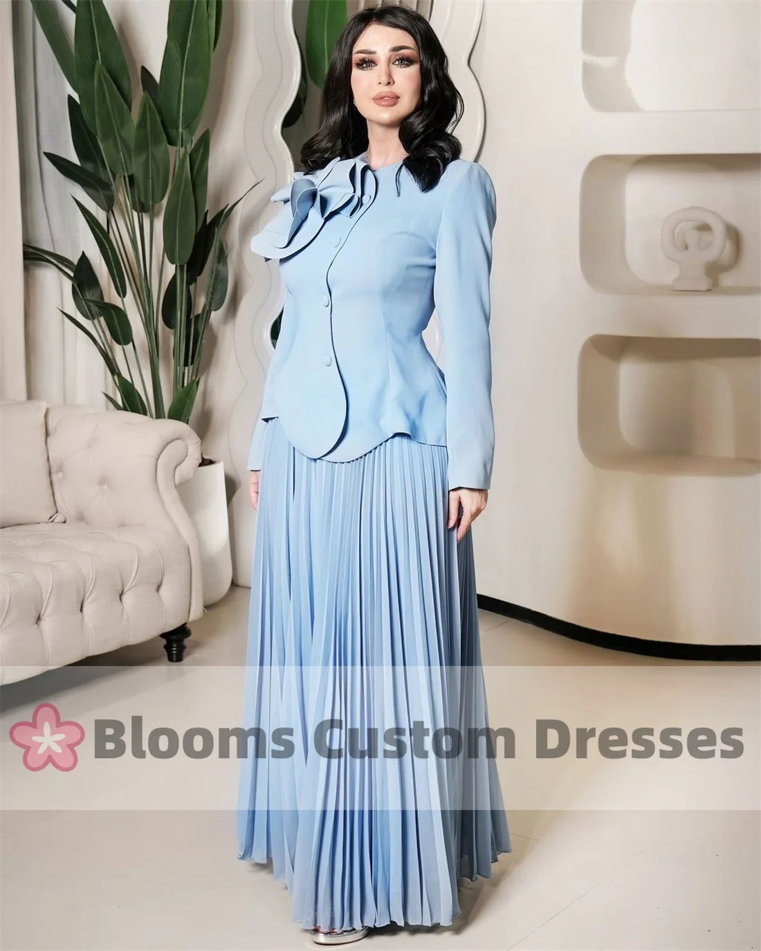 Blooms Customized 2 Piece Crepe Prom Gown Beads Flower Long Sleeves Pleated A-line Prom Dresses Elegant Party Dresses