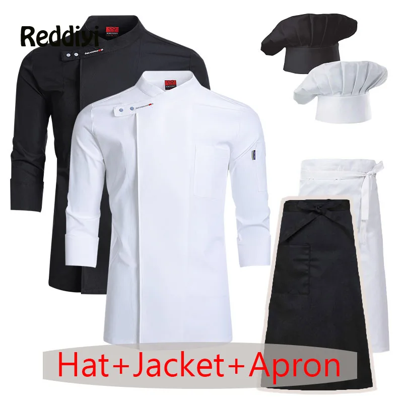 Kochuniform 3-teiliges Set Großhandel Unisex Küchenschürze Kochmütze Bäckerei Catering Arbeit Langarm Kochhemd Kellner Arbeitskleidung