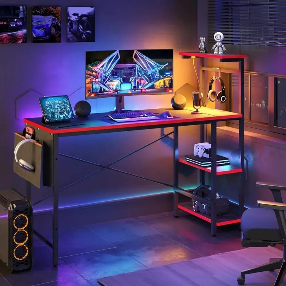 

Gaming Desk With LED Lights Table With 4 Tiers Reversible Shelves Hooks and Height Adjustable Shelf Computer Desks Computer Desk