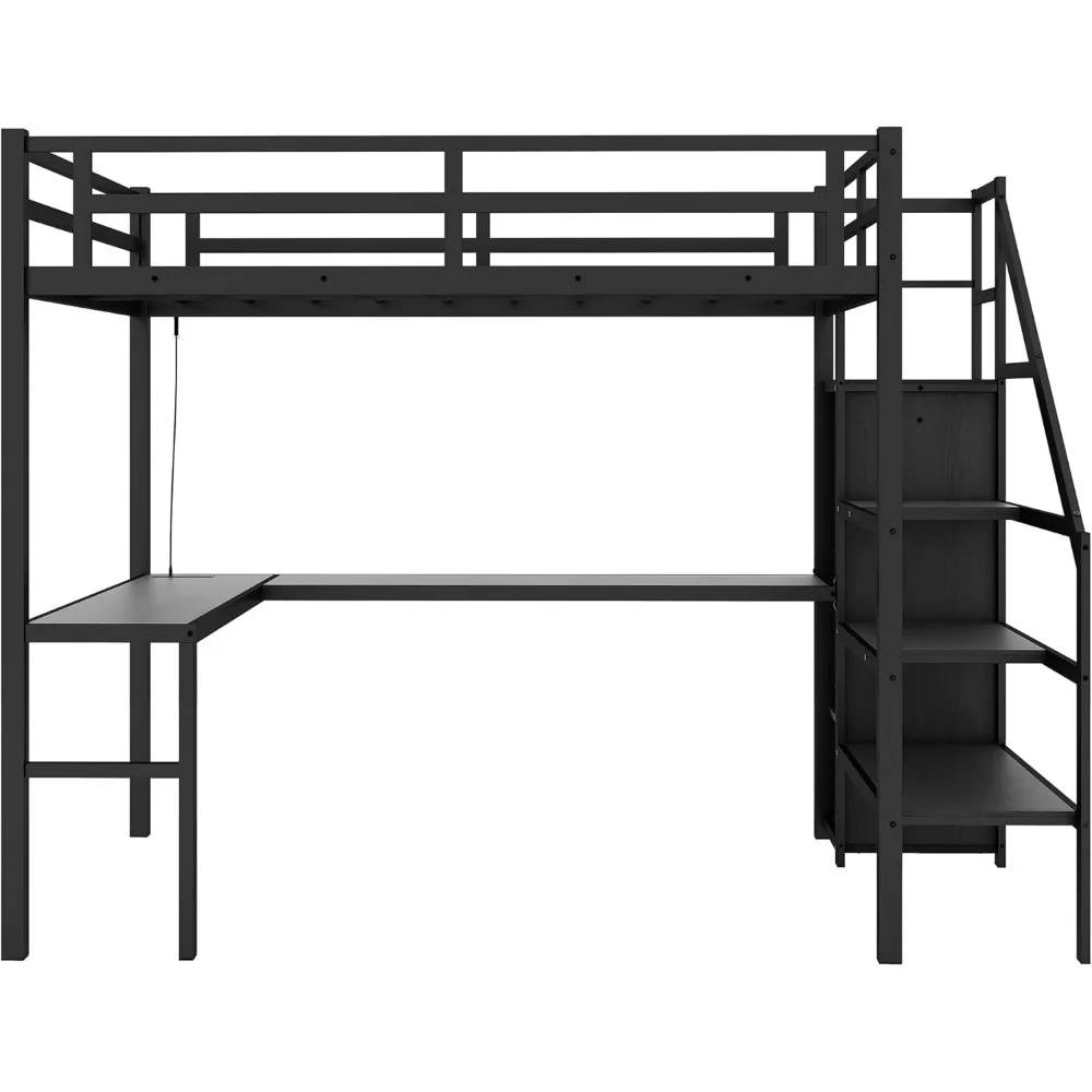 Full Size Metalen Loft Bed Met Bureau En Kledingkast Gaming Loft Bed Met Led En Usb Voor Kinderen Tieners, Lawaai Vrij, Geen Boxspring Nodig