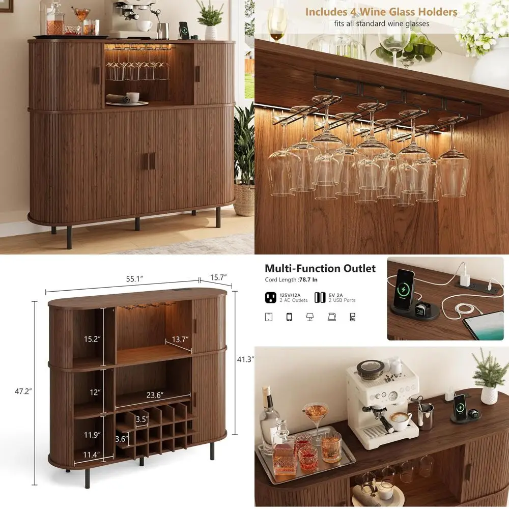 

Винный шкаф на 55 бутылок с LED-подсветкой, розеткой и держателем для бокалов для домашнего бара или гостиной