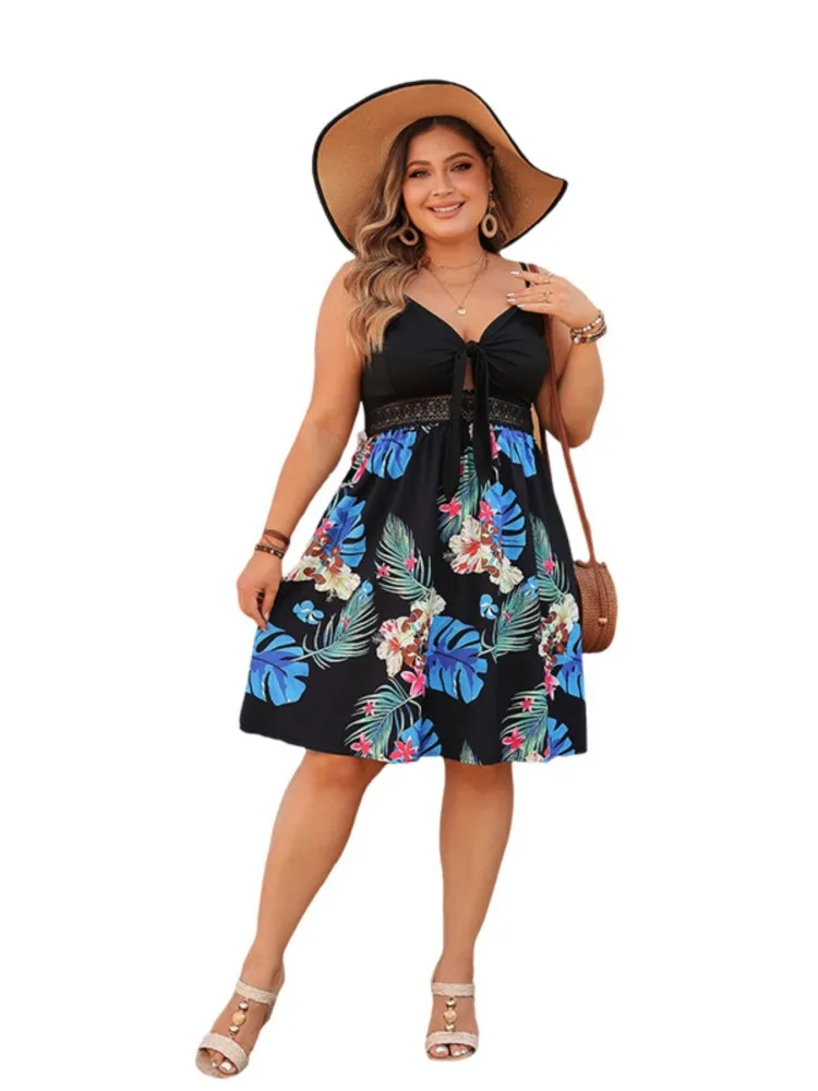 Plus Size Summer Floral Print Sleeveless Slip Dress Women Lace Patchwork Sexy Fashion Ruffle Ladies Dresses Backless Woman Dress