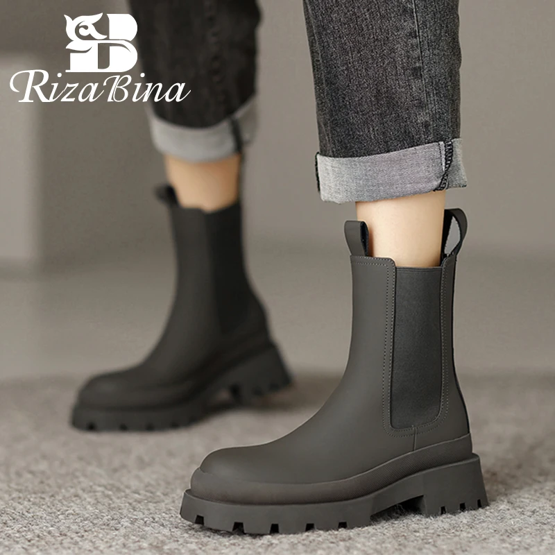 

RIZABINA New Women Ankle Boots Genuine Leather Fashion Platform Winter Shoes For Woman Warm Fur Office Lady Fotwear Size 34-39