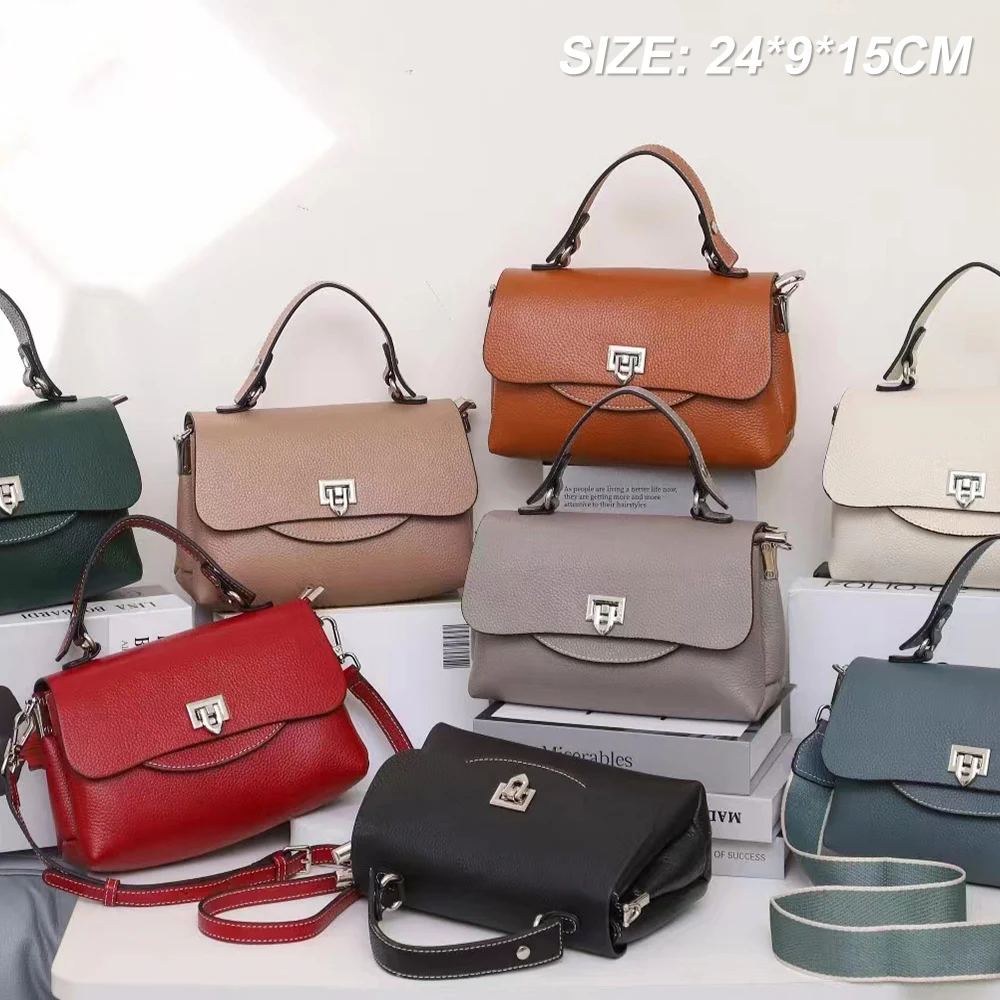 Fashion Versatile Metal Buckle Bag High Capacity Solid Leather Zippered Commuter Crossbody Office Outdoor Bag Handbag