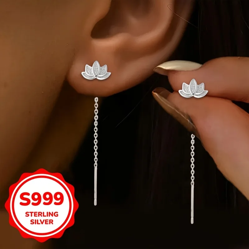 

S999 Sterling Silver Lotus Flower Tassel Dangle Earrings for Women Hypoallergenic Lightweight Simple Jewelry Christmas gifts