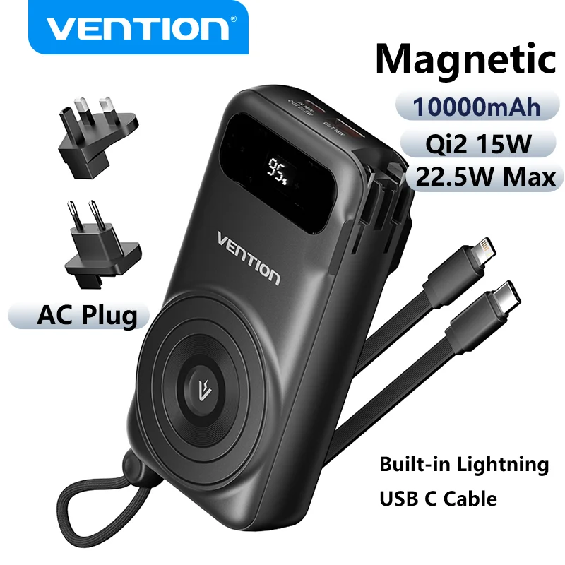 Vention 22.5W Power Bank  Magnetic 10000mAh Portable Wireless Fast Charging  with Built-in USB-C Cable AC Plug for iPhone 16