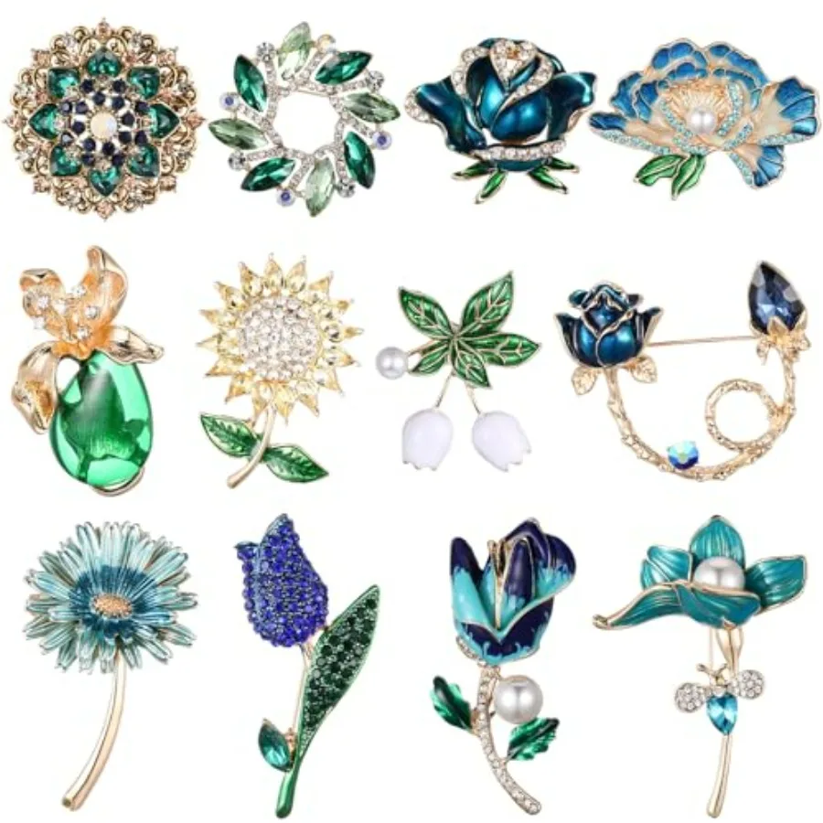

Junkin 12 Pcs Women Brooches Bulk Set Rhinestone Pin Crystal Vintage Brooch Retro Pin Summer Wedding Gifts for Women Girls