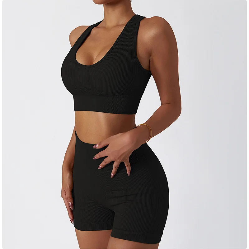 Seamless Yoga Set Women Fitness Outfit V Neck Sports Bra High Waist Shorts Two Piece Set Ribbed Gym Clothing Summer