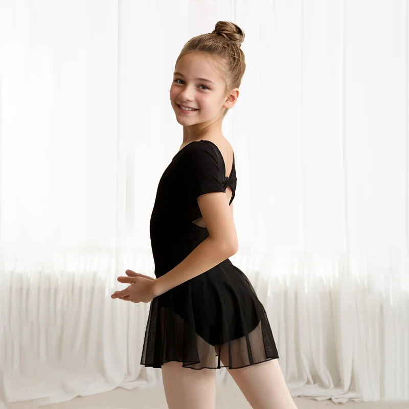 Meisjes Ballet Turnpakje met korte mouwen Peuter Mesh Dansrok Kinderen Terug Boog Knoop Danskleding voor dansvoorstellingen