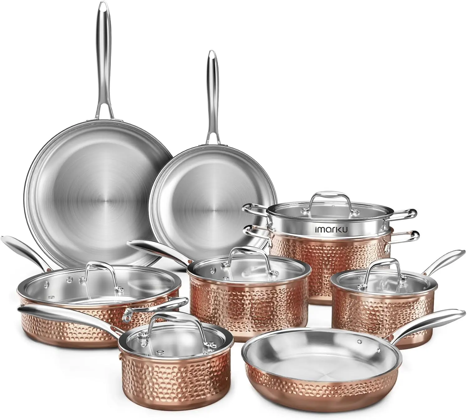 Imarku Stainless Steel Pots And Pans Set, 14Pcs Kitchen Cookware Sets With Lids, Non-Toxic Tri-Ply Clad Hammered Stainless