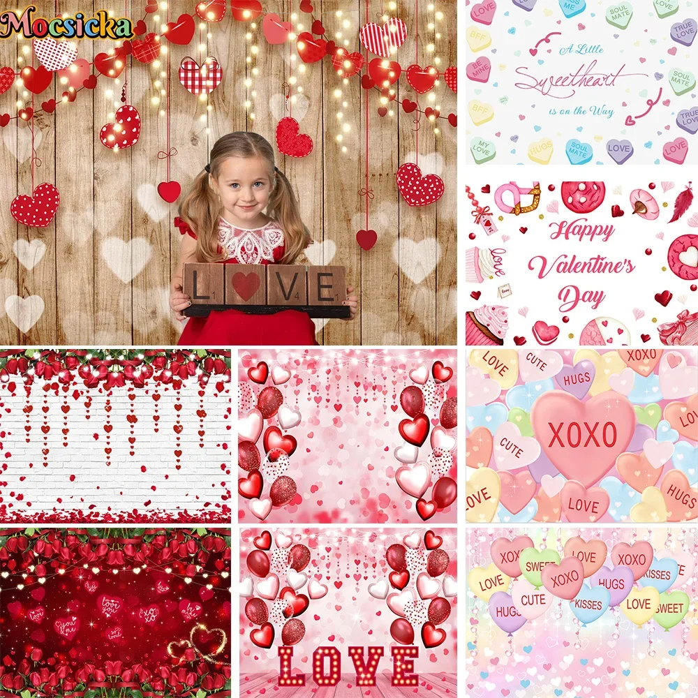 Mocsicka Red Valentine's Day Party Background Photography Rose Balloon Love Decor Background Banner Girl Bridal Shower Photocall