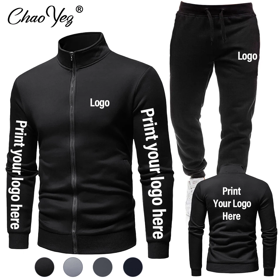 Logotipo personalizado outono masculino agasalho terno com zíper com capuz + calças 2 peça conjunto masculino jogging esportes conjunto casual fitness ginásio roupas esportivas