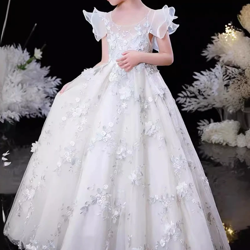 Customized Fairy O-neck Wave Edge Fly Sleeve Princess Dress Exquisite High End Elegant A-line Birthday Party Vestidos Flower App