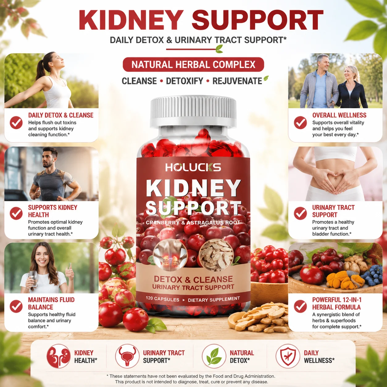 Kidney Cleanse Detox & Repair Supplement, with Astragalus Root, Cranberry, Support Urinary Tract & Immune Health, Daily Energy