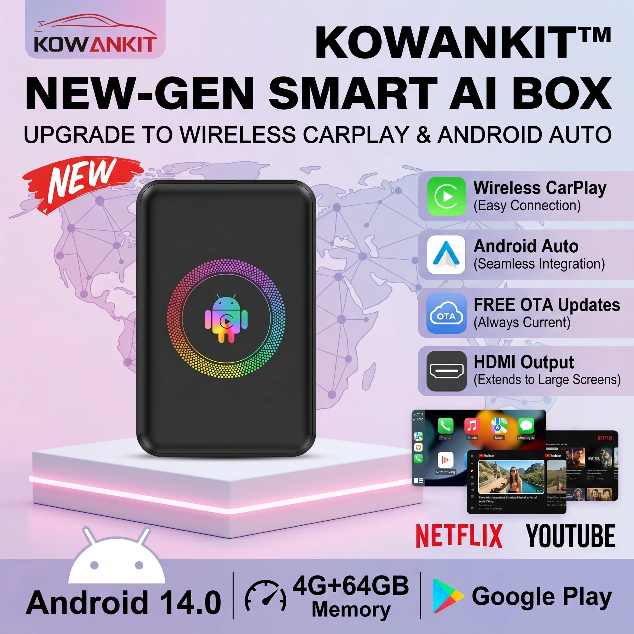 2026 Android14.0 4+64G Wireless CarPlay Ai Box Kowankit Smart 5 in 1 HDMI Plug Play Android Auto Car Tv Box For Netflix YouTube