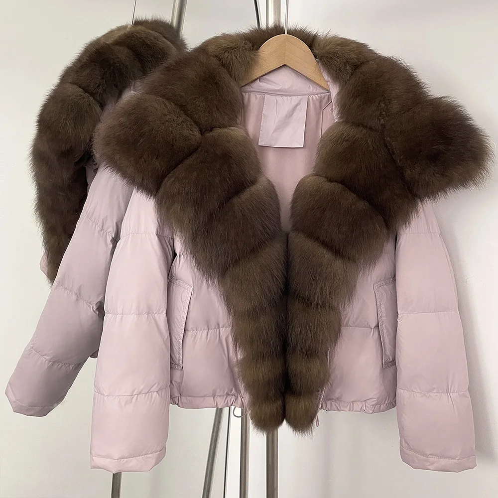 2025 Winter Korean Style Elegant Fashion Short Down Jacket Big Fox Fur Collar Drawstring Slim Thick Warm Down Coats for Women