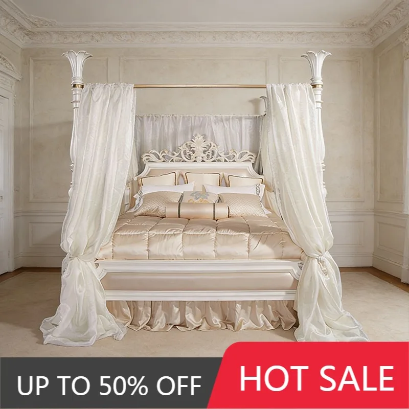 Luxury White Color Wooden Flower Design Silk Fabric Headboard Hand Carving King Queen Size Bed Italy Style Bedroom