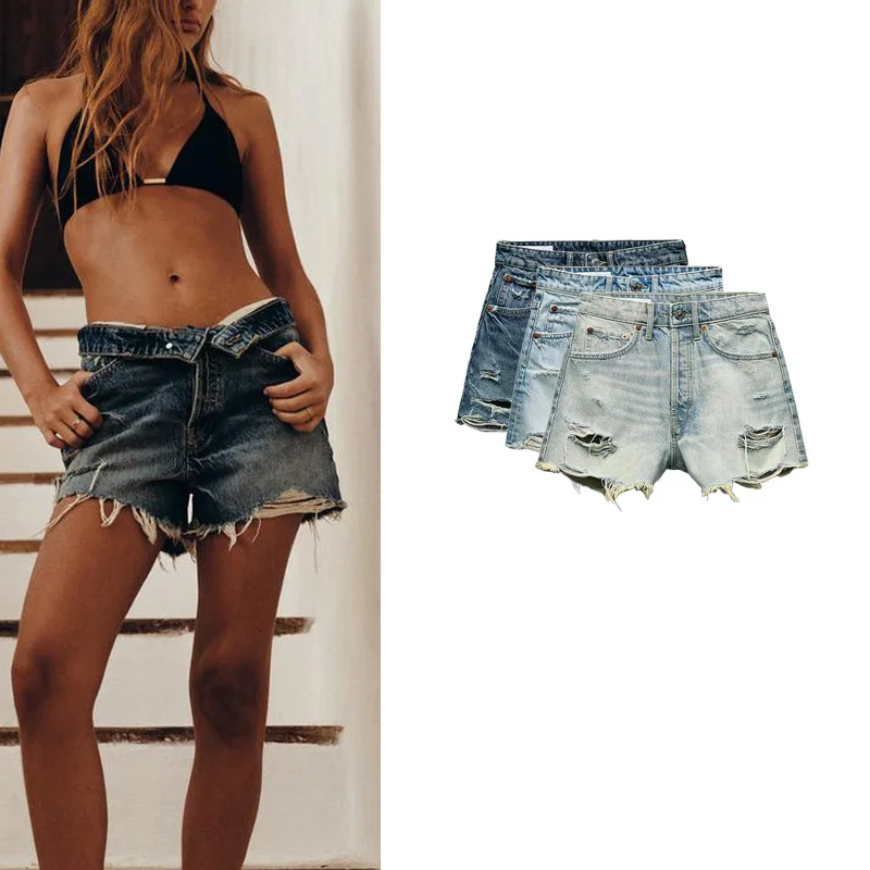 

High Waist Distred Denim Skirt Spring New Hot Wa Effect Frayed Hem Five kets Decorative Sexy Summer Jeans Skirt