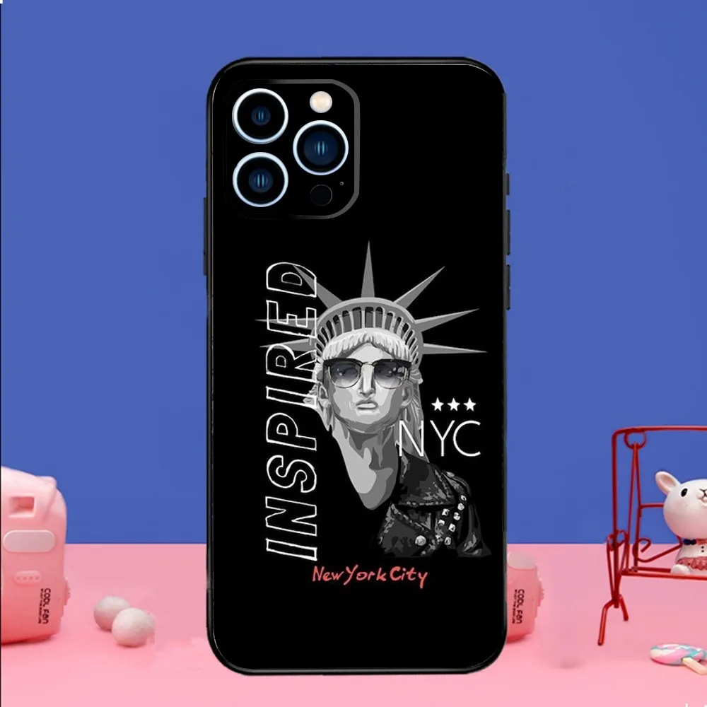 NEW YORK Statue Of Liberty Phone Case For iPhone 14,13,12 Mini 11 Pro XR,X,XS,MAX 6S,7,8 Plus Silicone Cover Soft black