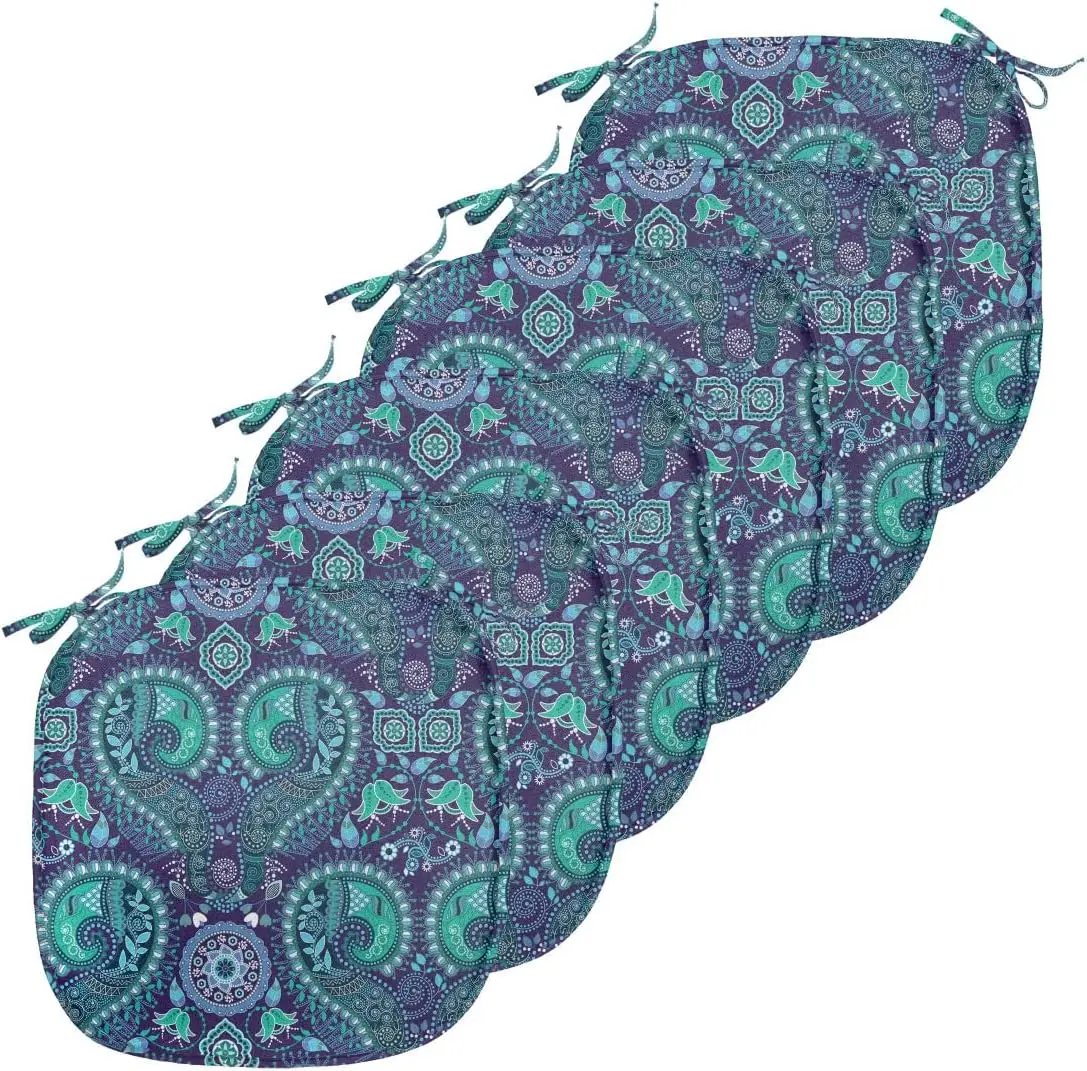 

Paisley Chair Seating Cushion Set Of 6, Paisley With Blooms Blue Tones Curly Motifs Medieval Inspiration, Anti-Slip Seat