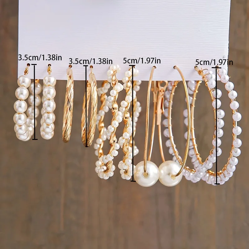 5 Pairs Elegant Wrapped Imitation Pearl Round Hoop Earrings Exaggerated Geometry Big Round Earrings Women's Party Set Jewelry