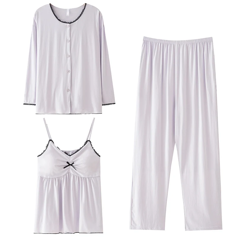 

3pcs/set T-Shirt Pyjamas Set With Chest Pads Women's Autumn Sleepwear Modal Sleep Tops + Long Pants + Sling Tops Pijamas Mujer