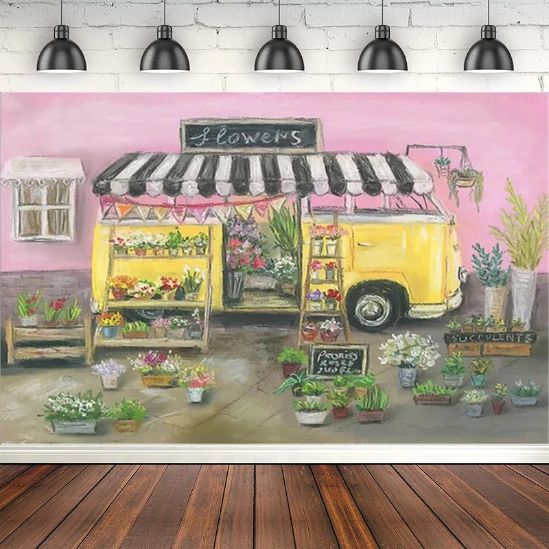 Spring Truck Flowers Shop Photography Backdrop Newborn Baby Kids Portrait Photo Studio Background Birthday Cake Smash Poster