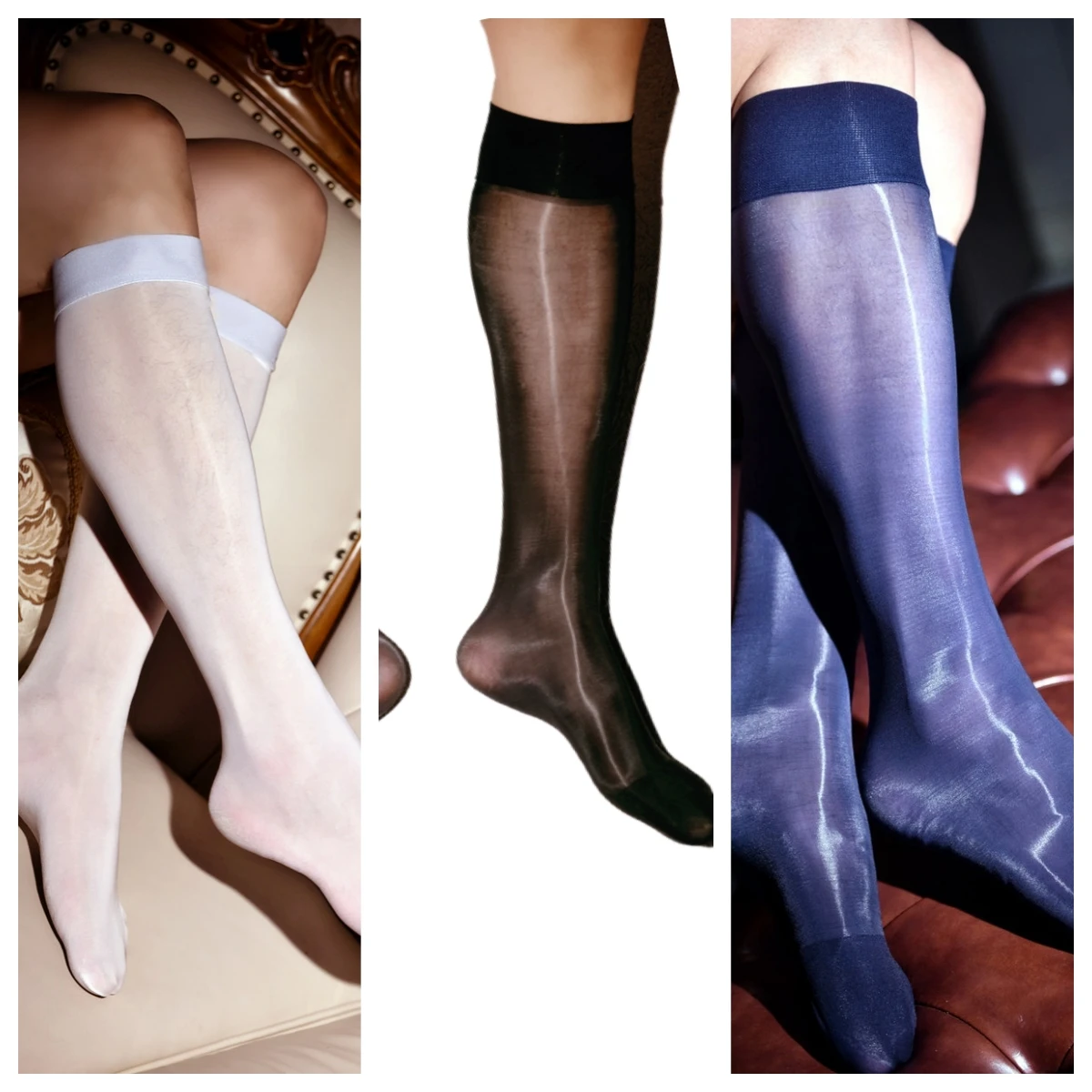 Kaus kaki tipis berbaju pria musim panas kaus kaki sebetis berkilau minyak kaus kaki bisnis tipis tipis pakaian kaus kaki hitam biru biru Solid kaus kaki kasual