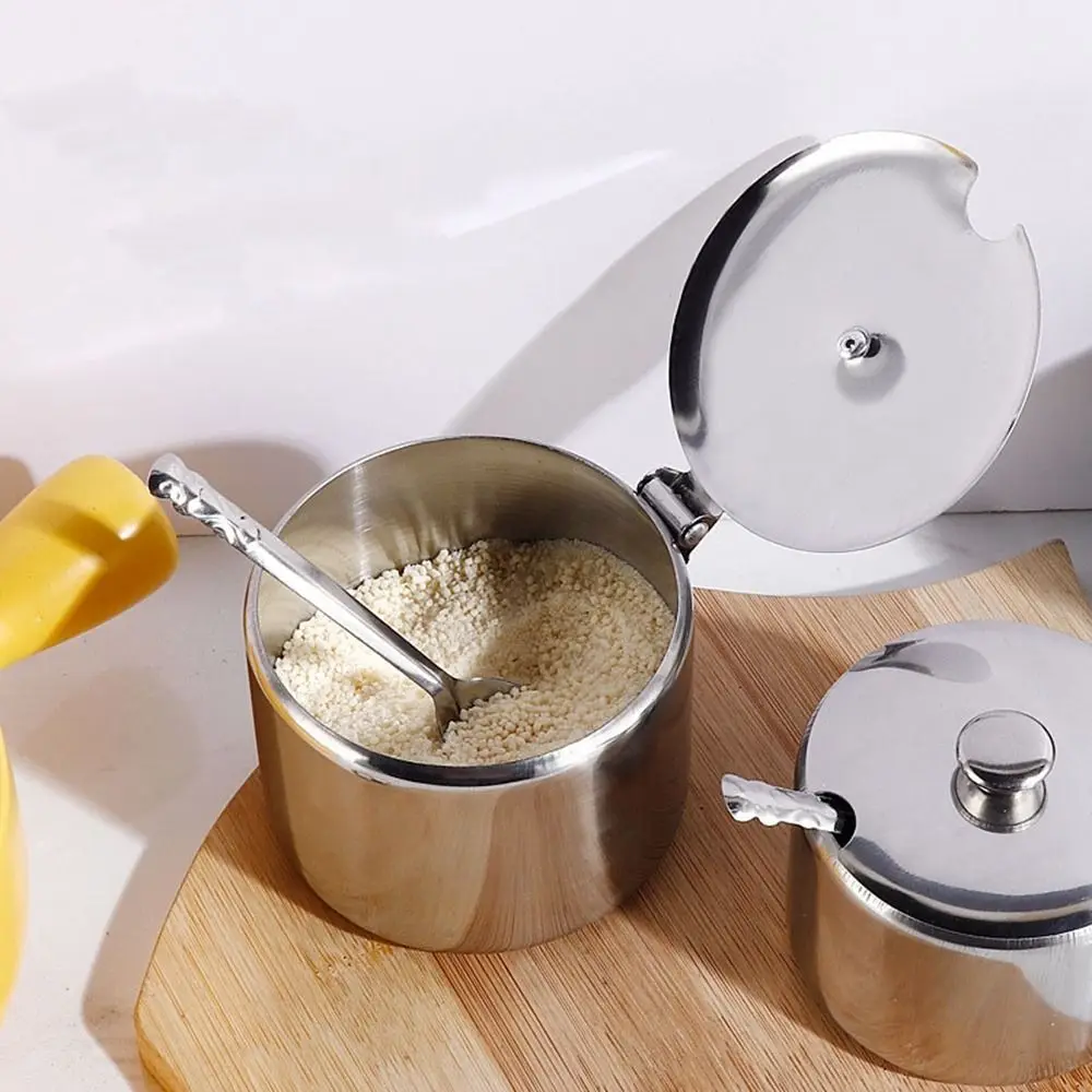 Practical Stainless Steel Sugar Bowl With Lid Spoon Dustproof Spice Container For Kichen Convenient Silver Condiment Pot