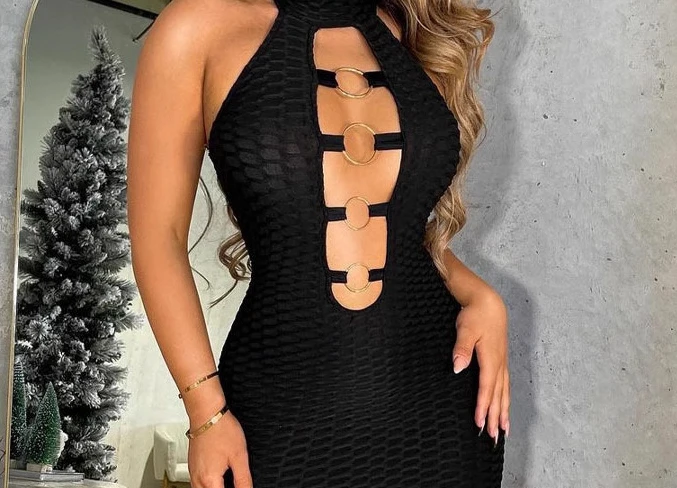 Dames halterneck uitgehold slanke mini-jurk mouwloze bodycon slanke sexy skinny jurk zomer zwart