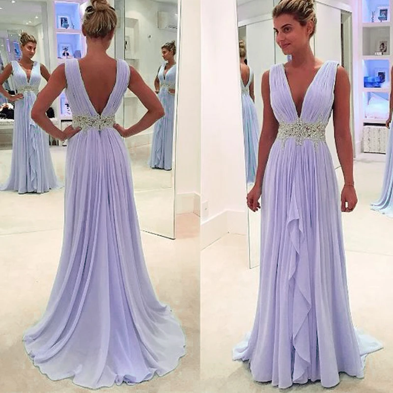 

GUXQD V-Neck Long Evening Party Gowns Robe De Soiree A-Line Sparkly Beading Waist Formal Celebrity Princess Prom Dresses