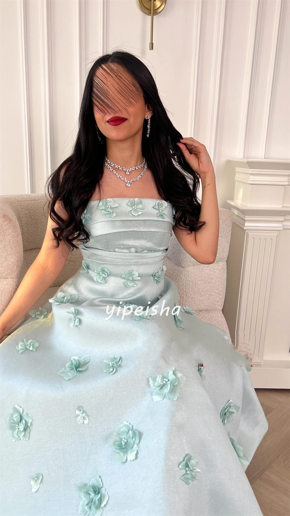 High Quality Satin Flower Beading Ruched A-line Strapless Midi Dresses Celebrity Dresses Sexy Sparkle Sizes Available Intricate