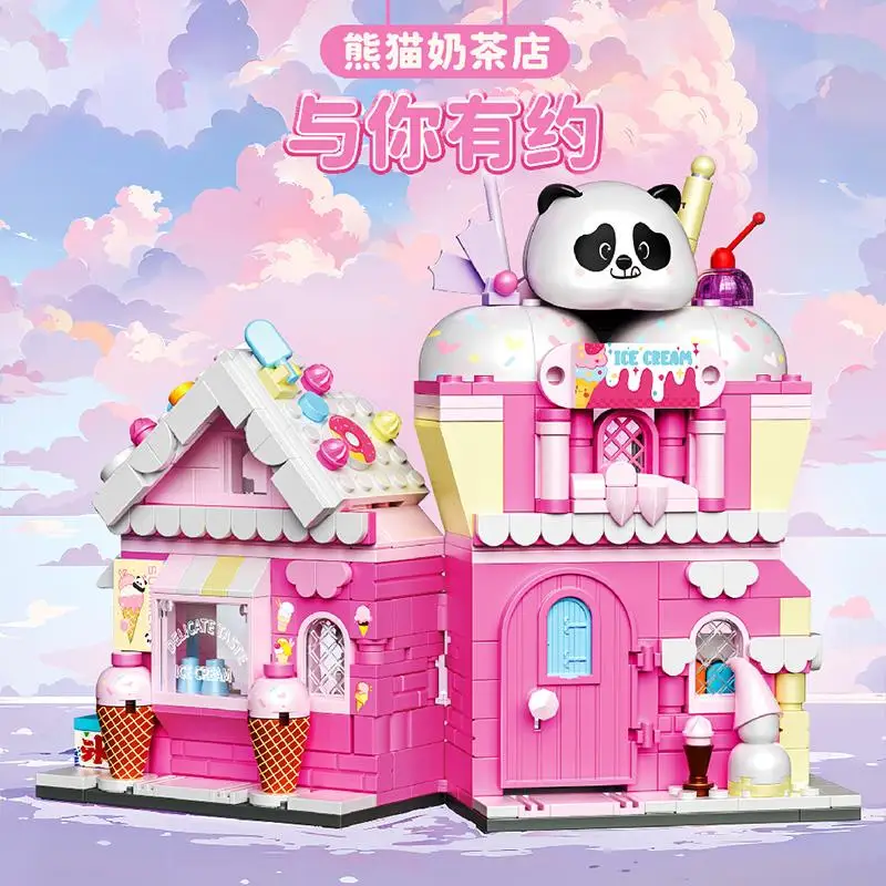 Panda Series Building Blocks ฉากถนนปริศนาอนุภาคขนาดเล็กประกอบของเล่นเดสก์ท็อปเครื่องประดับคอลเลกชันของขวัญ