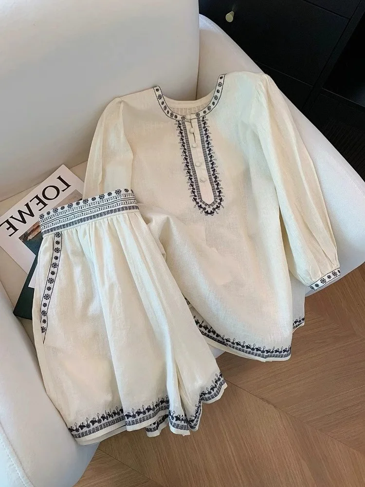 Lässiges besticktes Baumwoll-Leinen-Set Loose Bubble Sve Top Orts Zweiteiliges Set ex Summer Faion Ensemble rund Ne