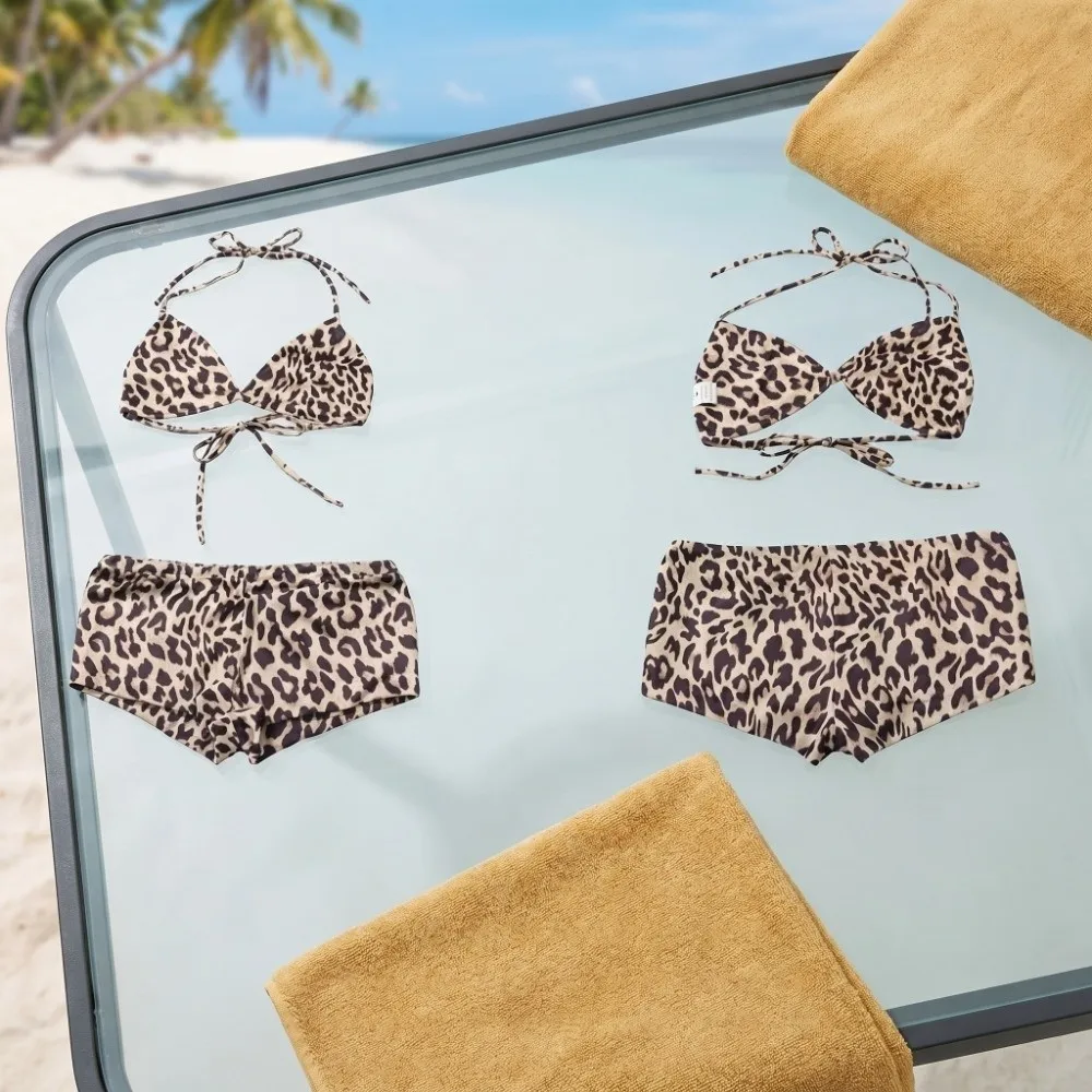 

Hanging Neck Bikini Short Sleeve Leopard Swimsuit Hollow Out Leopard Print Crochet Knit Bathing Suit Beachwear Pullover