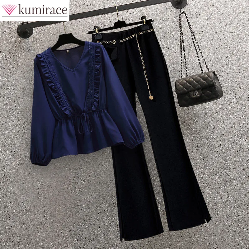 

Korean Popular Autumn Ruffle Pleated Chiffon Top Waist Chain Casual Wide Leg Trousers Two-piece Set Elegant Women's Pants Set