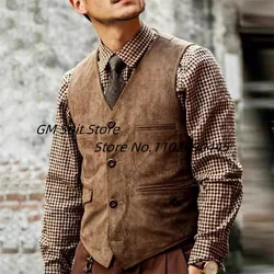 Men's Slim Fit Suede Leather Suit Vest Casual V Neck Groom Wedding Gilet Homme 3 Buttons Fashion Waistcoat