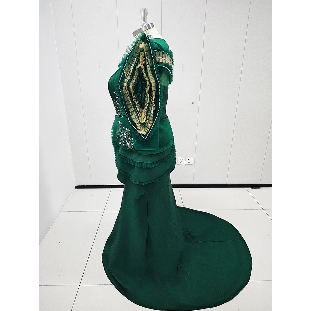 Vestidos de Noche de cristal con lentejuelas de cuello redondo para mujer, vestidos elegantes de manga larga, cola de la capilla, sirena, ocasión especial, verde, lujo