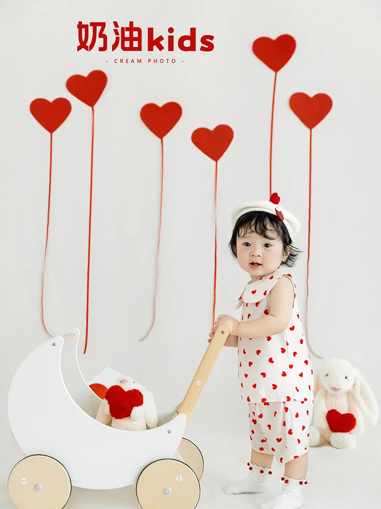 Baby Girl 1st Birthday Photography Props Set Heart Theme Baby Photo Costume Rabbit Doll for Studio Baby Memory Shoot Accessories