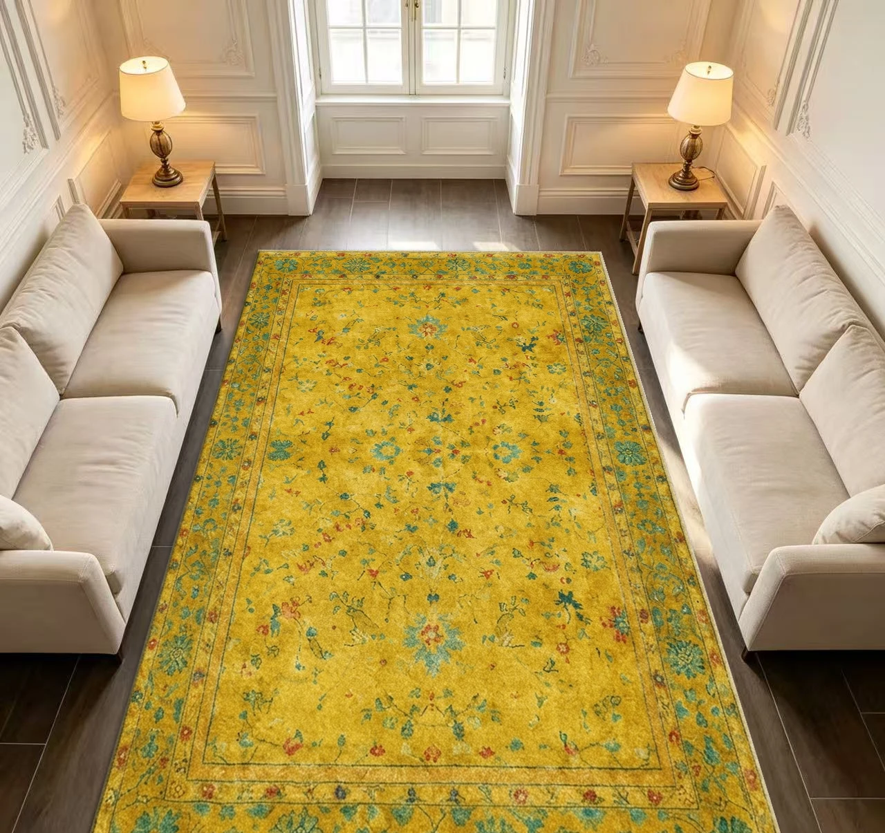 Golden Yellow Retro Oriental Style Carpet with Vintage Floral Patterns, Suitable for Living Room, Bedroom, and Home Art Decoration